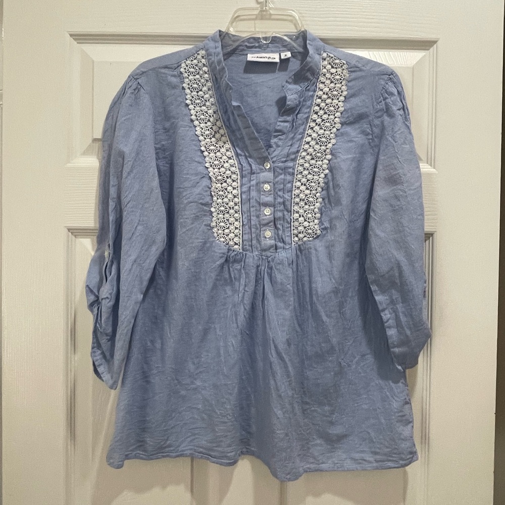 St. John's Bay Light Blue Checkered Blouse with Lace Detail